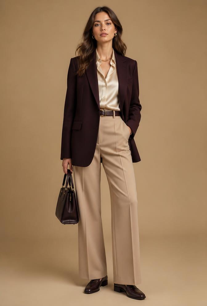 Avatar vestindo Blusa de seda, Calça cintura alta, Mule, Bolsa estruturada